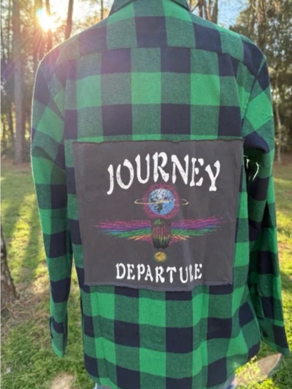 Upcycled Green and Black Buffalo Plaid Flannel with Journey 'Departure'